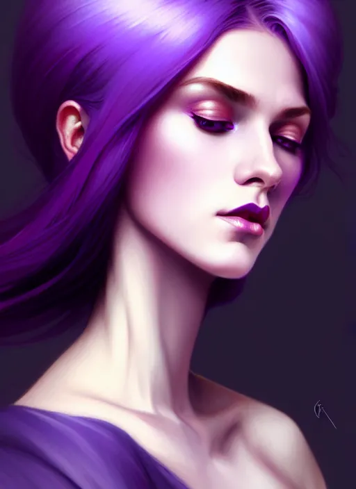 Image similar to Purple hair, creative colouring Portrait of woman, fashion, intricate, elegant, highly detailed, digital painting, artstation, concept art, smooth, sharp focus, illustration, art by artgerm and greg rutkowski and alphonse mucha