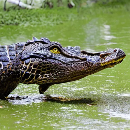 Image similar to hawk and crocodile morphed together, half crocodile, half hawk, real picture taken in zoo