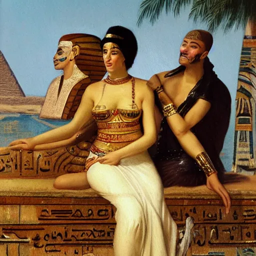 Image similar to an oil panting of cleopatra with her boyfiriend in egypt with fireworks