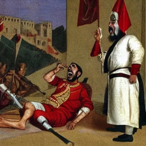 Image similar to a Propaganda image of a Tunisian man screaming at the Ottoman Sultan,