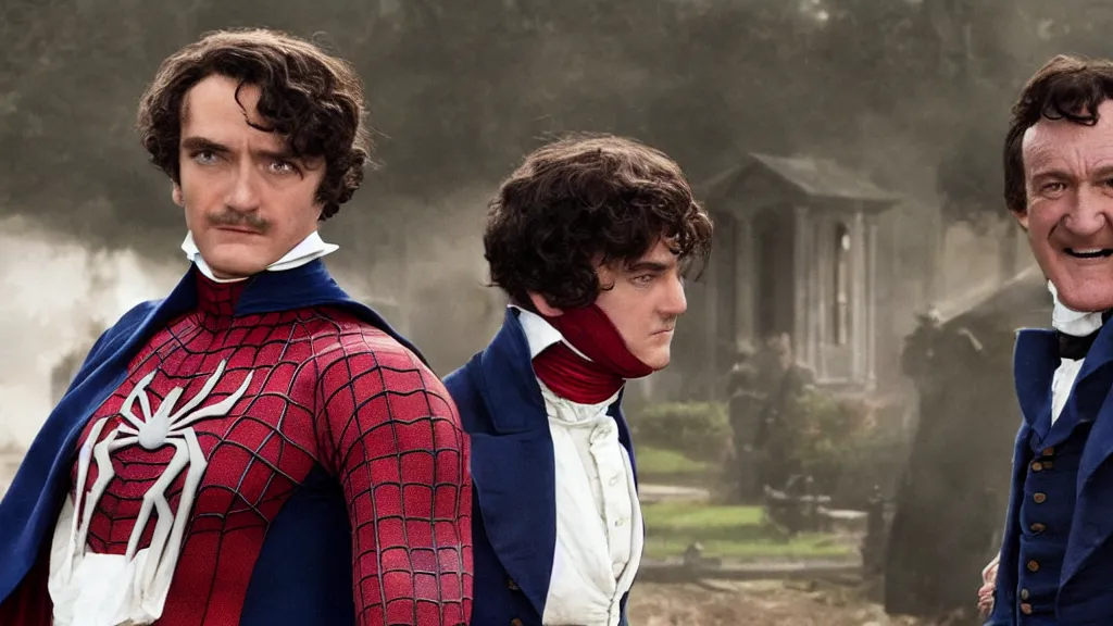 Prompt: movie still of victorian era spiderman wearing a cape arguing with gene hackman from the new pride & prejudice movie, realistic, 8 k