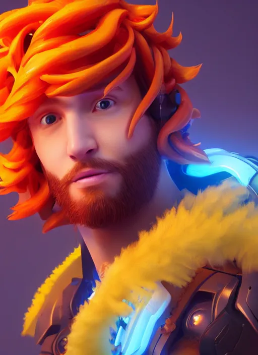 Image similar to glowwave portrait of curly orange hair man from overwatch, made of feathers mist and cloud, au naturel, hyper detailed, digital art, trending in artstation, cinematic lighting, studio quality, smooth render, unreal engine 5 rendered, octane rendered, art style by pixar dreamworks warner bros disney riot games and overwatch.