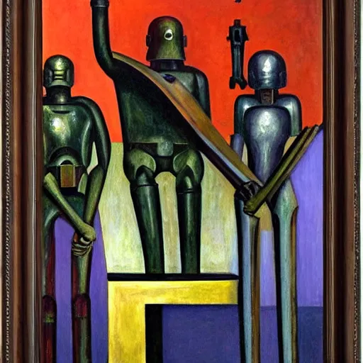 Prompt: brutalist giant fascist robots at an altar, cathedral, dystopian, pj crook, edward hopper, oil on canvas