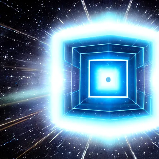 Image similar to a photograph of a rotating blue tesseract in the middle of the screen, stars in the background