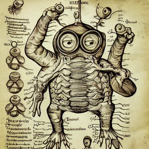 Image similar to Anatomical drawing of a Minion, with organs labeled. Highly detailed. Voynich Manuscript. Medical Textbook