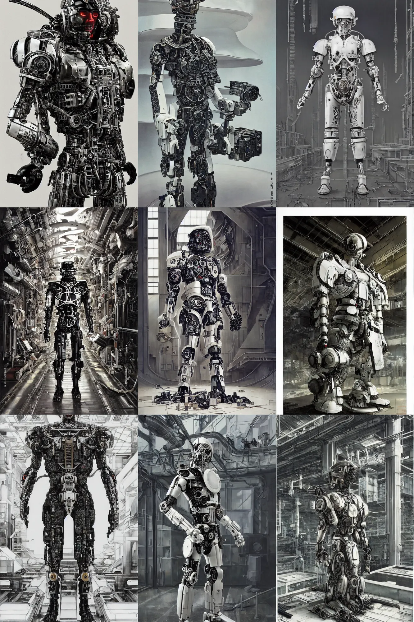 Prompt: cyborg with white and black ancestral ornate japanese tactical gear standing in a futuristic factory, long shot, by irving penn and storm thorgerson, ren heng, peter elson, alvar aalto, makoto shinkai