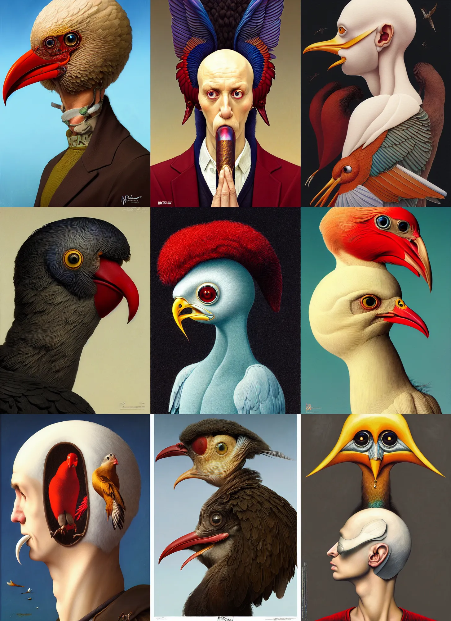 Prompt: rpg! profile! portrait of surreal bird humanoid on white background, beak, anime, intricate, highly detailed, digital painting, artstation, concept art, smooth, sharp focus, illustration, art by norman rockwell emiliano ponzi andrey remnev yoann lossel john currin aaron jasinski ivan albright hsiao - ron cheng, 8 k