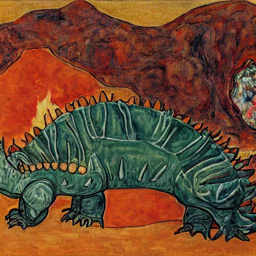 Prompt: painting of an ankylosaurus watching an erupting volcano in the style of egon schiele