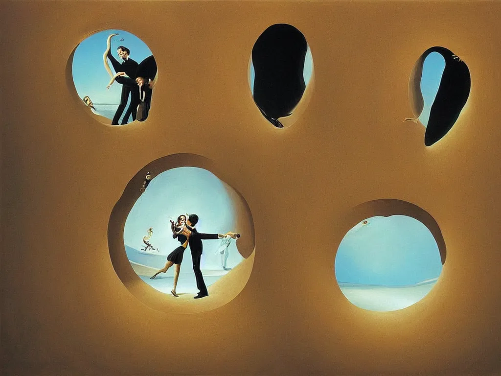 Image similar to optical illusion painting of a couple dancing in a worm hole, illusionism, mind blow, by leandro erlich and salvador dali, detailed