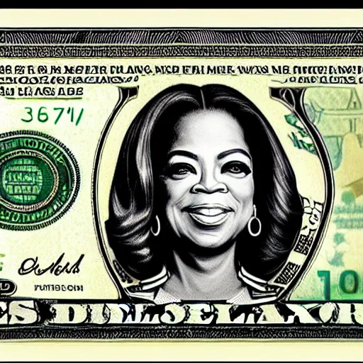 Image similar to an intricately detailed new dollar bill design featuring a portrait of Oprah Winfrey