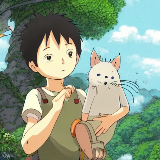 Prompt: friendly guy and small creature , with Fragile looking character portrait face made in Studio Ghibli artstyle ,highly detailed art, beautiful scene, sharp focus, smooth, 8k, anime art, fantasy, style in ghibli anime style, fantasy, island, forest with animals 8k