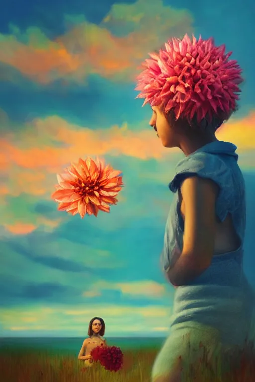 Prompt: closeup girl with huge dahlia flower head, on beach, surreal photography, blue sky, sunrise, dramatic light, impressionist painting, digital painting, artstation, simon stalenhag