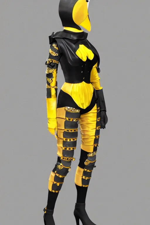 Image similar to female adventurer in tight full - body canary yellow gambeson leather armor of italian design with diamond pattern and black accents and a white porcelain crow mask, trending in artstation, establishing shot