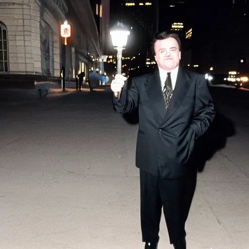 Image similar to 1 9 9 6 nathan lane wearing a black suit and necktie standing on the streets of chicago at night.