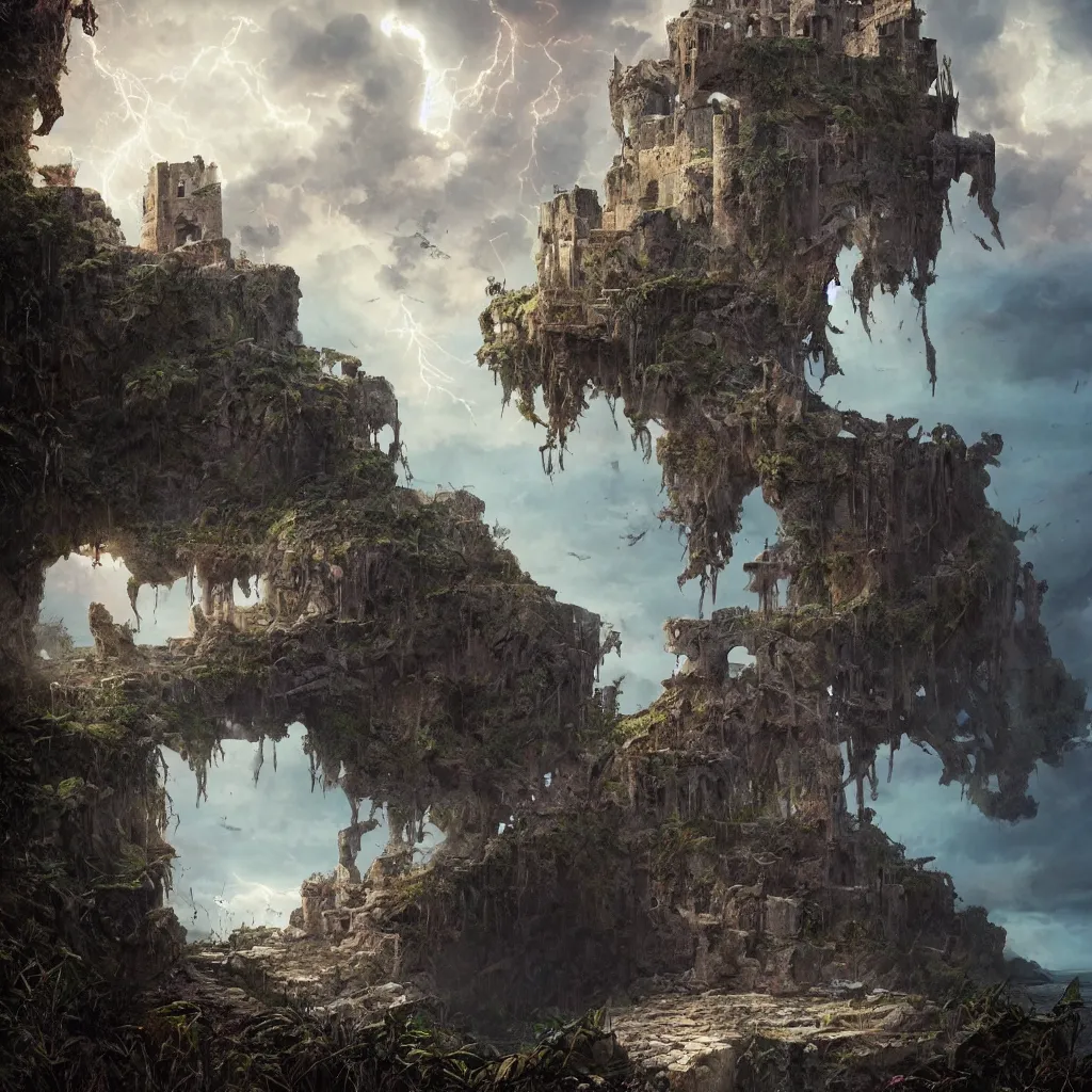 Prompt: ruined castle on a small island only reachable by a small land brisge, 8 k, by tristan eaton, stanley artgermm, tom bagshaw, greg rutkowski, carne griffiths, trending on deviantart, hyper detailed, glorious lighting, dramatic lightning