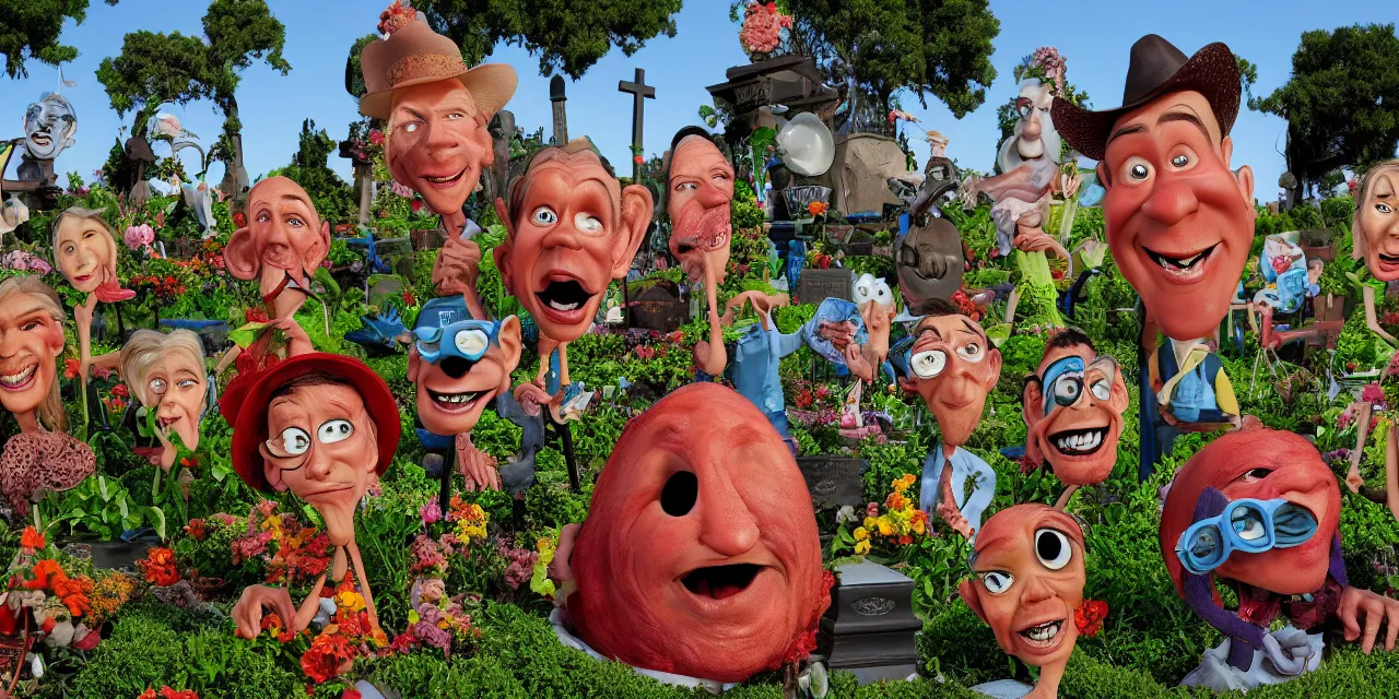 Prompt: pixar surreal caricatures in a western coral theme, cemetery