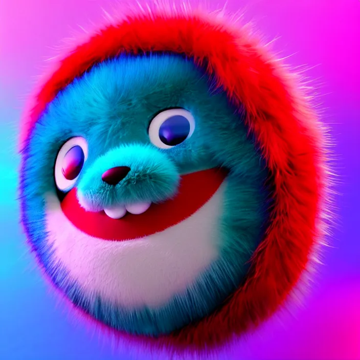 Prompt: high quality 3 d render hyperrealistic very cute big spherical creature smile emoji, whiskers, plush mascot, short spiky colorful dense fluffy smooth fur 1 cm long, psychedelic lighting, 1 5 0 mm, smooth background, artstation, elegant, ultra detailed, octane render