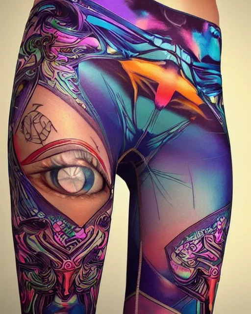 Image similar to Perfect leggings pattern imitating tattoos, focus on colorful pants, completely frontal and 100 percent symmetrical close-up on legs, highly detailed, digital painting, artstation, concept art, smooth, sharp focus, illustration, art by Artgerm and Hajime Sorayama