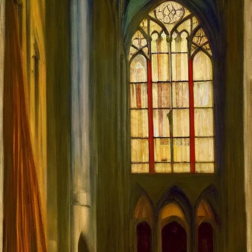 Prompt: inside cathedral with beautiful stained glass windows by edward hopper