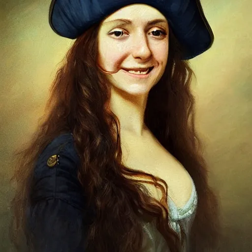 Image similar to oil painting, smiling, happy, beautiful, intelligent, powerful, female pirate captain 2 9 years old, loving eyes, flowing long hair, fully clothed, wise, beautiful, masterful 1 7 2 0 s oil painting, dramatic lighting, sharp focus