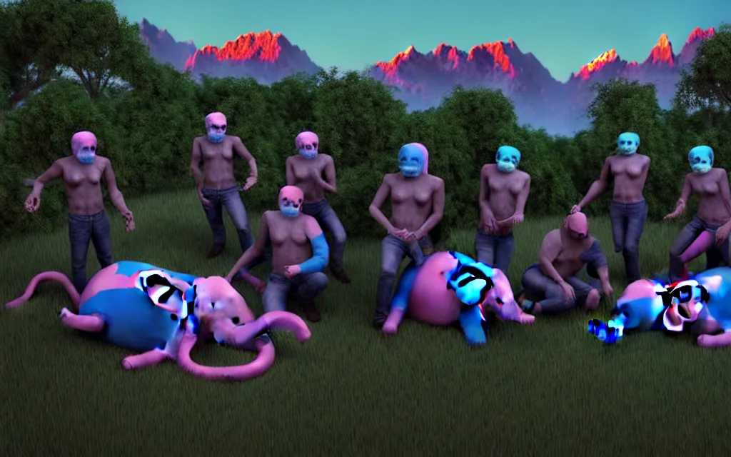 Image similar to a crowd of necromancers dressed in blue around a person in green clothing and a pink elephant face mask, lying on top of a rectangular rock in the center, mountains in the background, twilight lighting, ultra realistic, cycles render engine, 8 k,