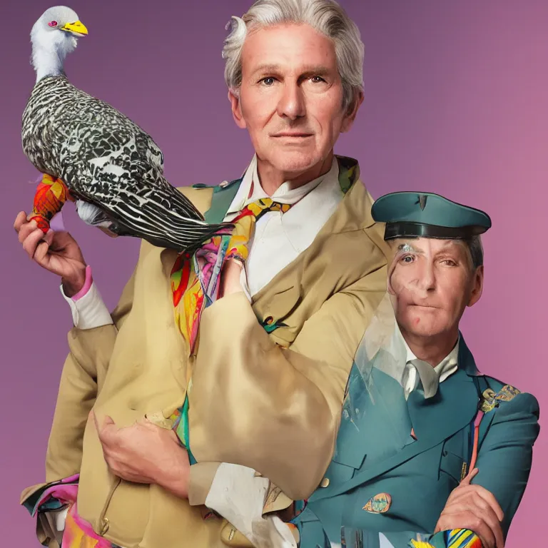 Image similar to high fashion photoshoot octane render portrait by wayne barlow and carlo crivelli and glenn fabry, a distinguished actor wearing a colorful wes anderson designed uniform and holding a pidgeon inside a high - end exotic colorful pastel vintage boutique hotel lounge, very short depth of field, bokeh