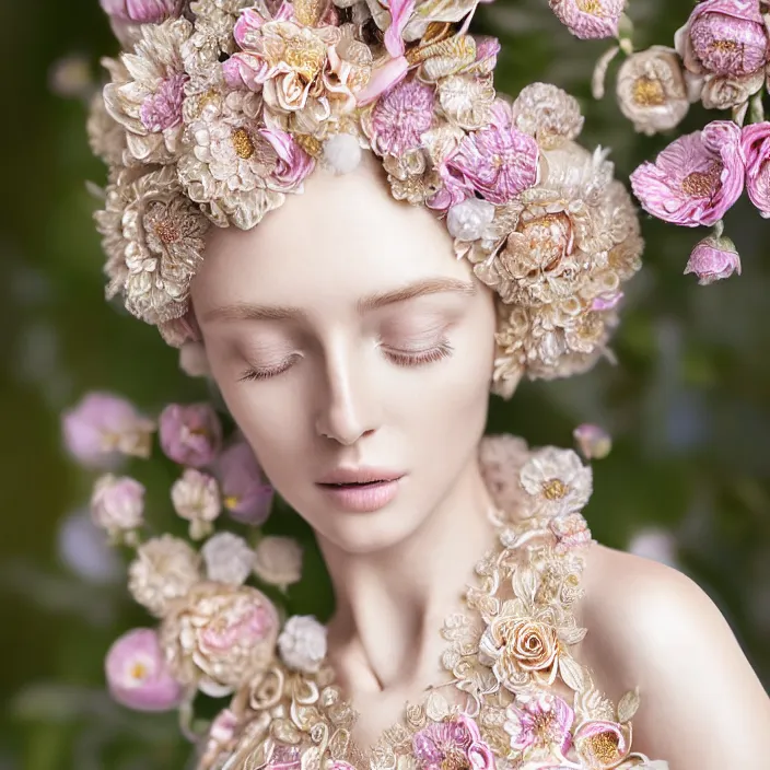 Image similar to photo portrait of a beautiful woman dressed in long elegant intricate ornamental ethereal floral dress, natural skin tone, highly detailed realistic flowers ornament in the upper side of breast, bust with a long beautiful neck , long blond hair are intricate with highly detailed realistic flowers, elegant, Realistic, Refined, Highly Detailed, natural outdoor soft pastel lighting colors scheme, outdoor fine art photography by la Chapelle, volumetric lighting, hyper realistic photography