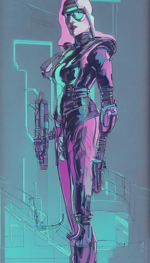 Image similar to concept art of a female cyberpunk character, film noir, art deco, pastel colors, detailed ink drawing, by Syd Mead, by Moebius