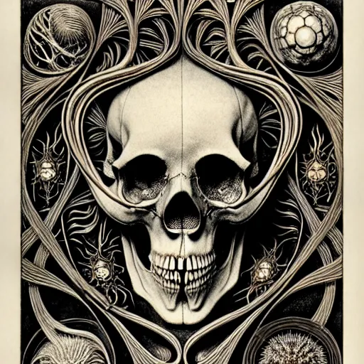 Image similar to art forms of nature by ernst haeckel, memento mori by arthur rackham, ornate antique porcelain beautiful skull mask, ultrasharp, photorealistic, hyperdetailed, octane render, polished, art nouveau, neo - gothic, gothic, intricate ornamental organic filigree, art nouveau botanicals, art forms of nature by ernst haeckel, horizontal symmetry, symbolist, visionary