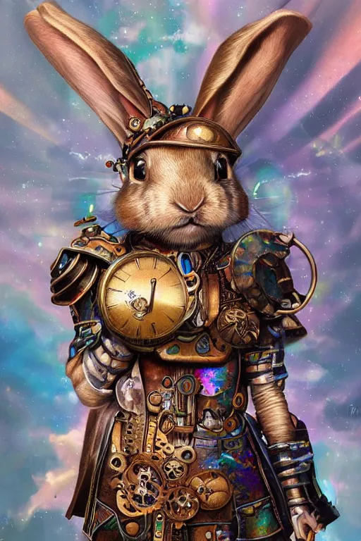 Prompt: ultra realist soft painting of a single steampunk rabbit warrior, very intricate details, rainbow lighting, reflectioons, refractions, symmetry accurate anatomy features, unreal render