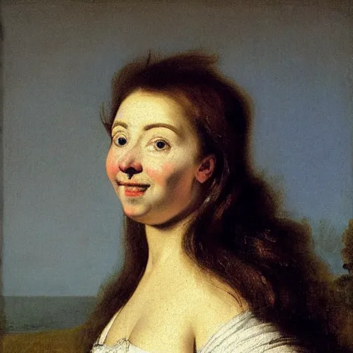 Prompt: portrait of a young woman with a happy face in the year 1667 by Ferdinand Bol