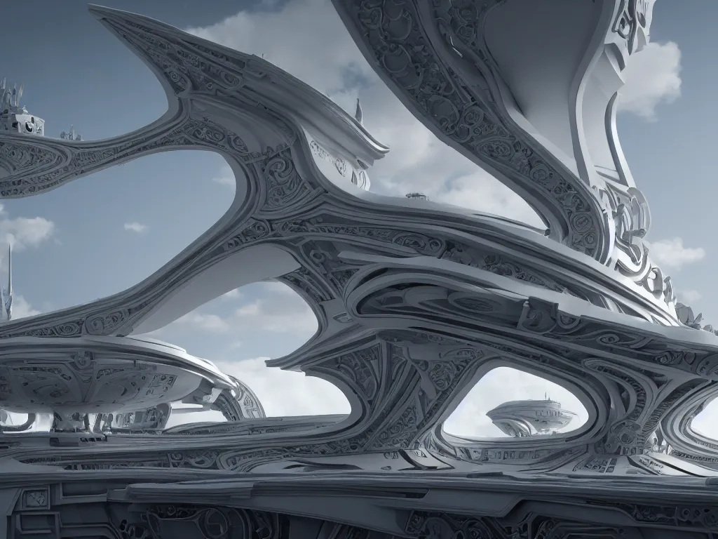 Image similar to an elaborate ornate spaceship, cinematic, shadows, partly cloudy day, 4 k, detailed, by zaha hadid and peter jackson and ridley scott and beeple and greg rutowski