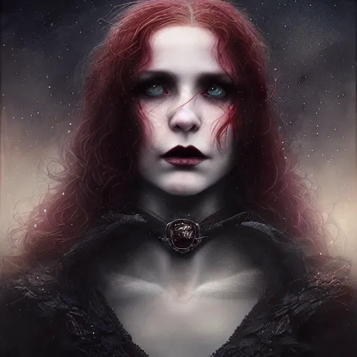 Image similar to Portrait of a riveting Scottish vampire woman!, atmospheric lighting, gothic makeup, intricate, Transylvanian castle, volumetric lighting, beautiful, starlit sky, sharp focus, ultra-detailed, by Tom Bagshaw Leesha Hannigan, Ross Tran, Thierry Doizon, Kai Carpenter, Ignacio Fernández Ríos