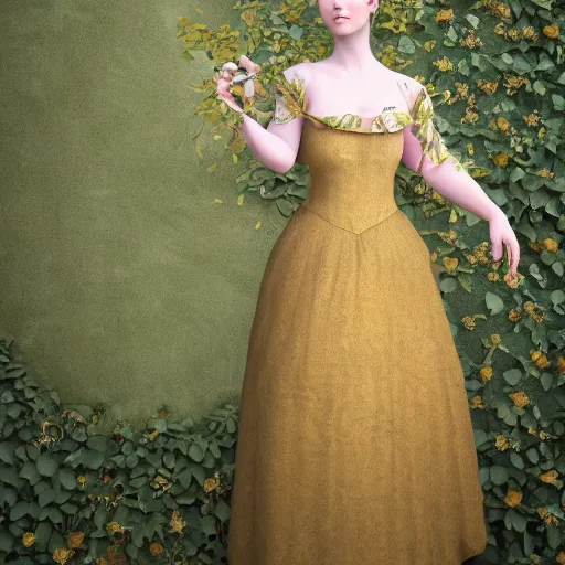 Image similar to 8 k, octane render, realism, tonalism, renaissance, rococo, baroque, portrait of a young lady wearing long manga dress with flowers and ivy, background chaotic gold leaf flowers