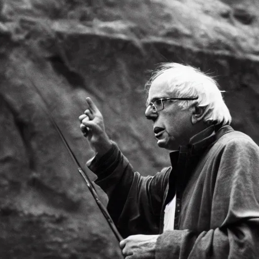 Image similar to Bernie Sanders as Gandolf defending Bridge of Khazad-dûm, 35mm photo