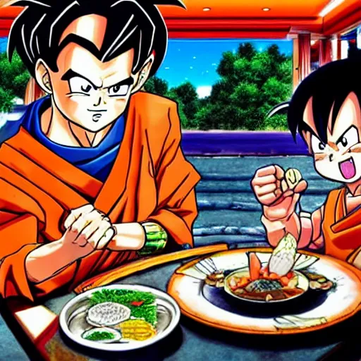 Prompt: Son Goku, dining at a fancy seafood restaurant, Akira Toriyama art, lovely background