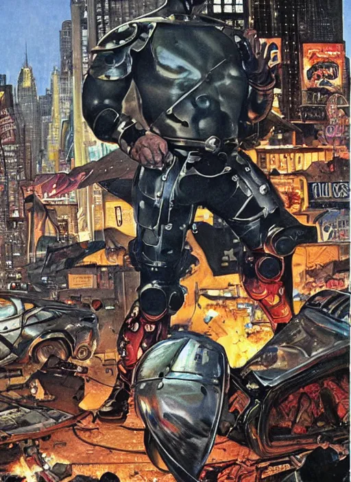 Image similar to huge cyclops in futuristic metal armour smashes up cars in new york street, by norman rockwell and jason fabok and tom lovell and frank schoonover and jack kirby and alex ross