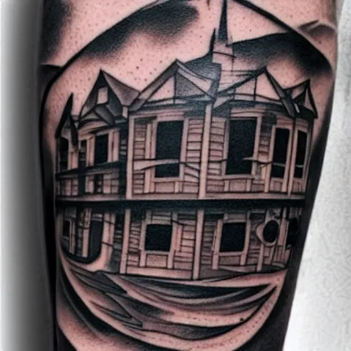 Image similar to dark urban architecture tattoo, tattoo on upper arm