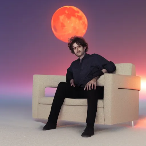 Prompt: gustavo cerati sitting on a sofa looking at the red moon, digital art, matte painting, render unreal engine, octane render, highly detailed, asymmetrical