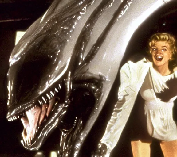 Prompt: a movie still of marlin monroe in the movie alien running from a xenomorph, fear, leg lights, panic