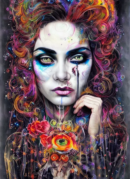 Prompt: gorgeous magic cult psychic woman smiling, third eye, subjective consciousness psychedelic, epic surrealism expressionism symbolism, story telling, iconic, dark robed, oil painting, symmetrical face, dark myth mythos, by Sandra Chevrier, Harumi Hironaka masterpiece