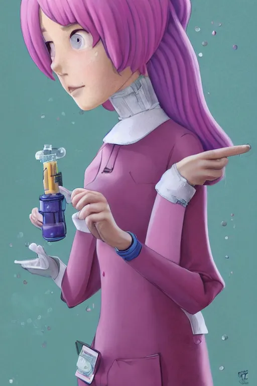 Image similar to highly detailed, industrial photography, profile view of adult princess bubblegum from adventure time, working in her science lab, wearing lab coat, long bubblegum hair, long straight bangs, confident, beautiful, attractive, illustration concept art by nicoletta ceccoli, mark ryden, lostfish, detailed and intricate environment, 8 k resolution, hyperrealistic, octane render