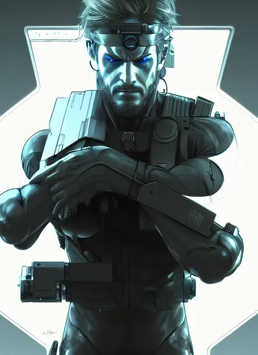 Image similar to symmetry!! portrait of solid snake, metal gear solid, tech wear, glowing lights!! intricate, elegant, highly detailed, digital painting, artstation, concept art, smooth, sharp focus, illustration, art by artgerm and greg rutkowski and alphonse mucha