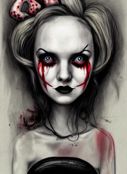 Image similar to surrealism grunge cartoon portrait sketch of lily cole as harley quinn, by michael karcz, loony toons style, freddy krueger style, horror theme, detailed, elegant, intricate