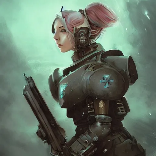 Image similar to portrait of a warhammer 4 0 k miku hatsune, epic, tragic, military art, fantasy, dieselpunk, hd shot, digital portrait, beautiful, artstation, comic style, by artgerm, guy denning, jakub rozalski, magali villeneuve and charlie bowater