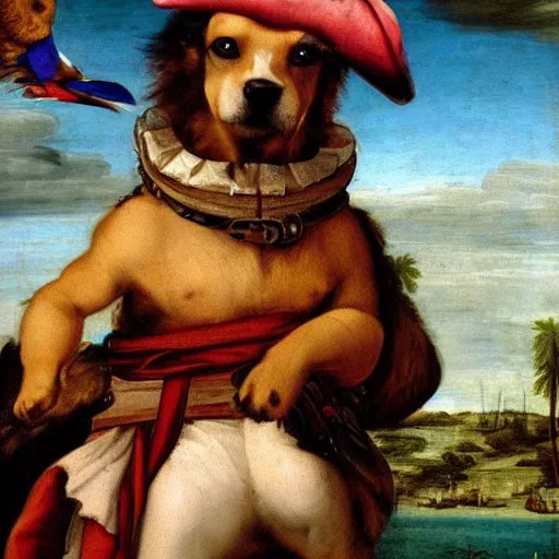 Prompt: a pirate dog with a parrot on it's shoulder, renaissance painting, wide view