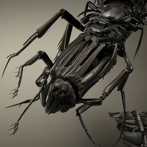 Image similar to a close up of a fake insect on a stick, a computer rendering by h. r. giger, trending on zbrush central, neoplasticism, zbrush, reimagined by industrial light and magic, # vfxfriday