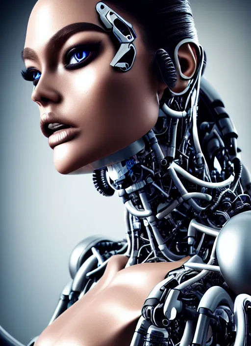 Image similar to a stunning young female cyborg profile face, face is made intricate tribal bio - mechanical, unreal engine, glamor shot, nikon d 7 5 0, closeup, f / 2. 8, low contrast, 1 6 k, rim lighting, optical fiber, cinematic lighting, insanely detailed and intricate, hypermaximalist, elegant, ornate, hyper realistic,