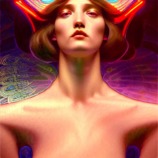 Image similar to tron angel, innocent face, psychedelic lsd, diffuse lighting, hyper realistic, elegant, intricate, hyper detailed, smooth, sharp focus, concept art, illustration, trending on artstation, art by john collier, artem demura, greg rutkowski, james gurney, and alphonse mucha