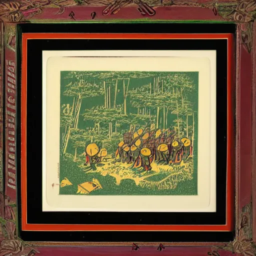 Image similar to colored woodblock print, imperium space marines, lush pastoral woodland scene